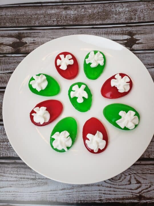 Christmas Sugar Free Deviled Jell-O Eggs on white plate
