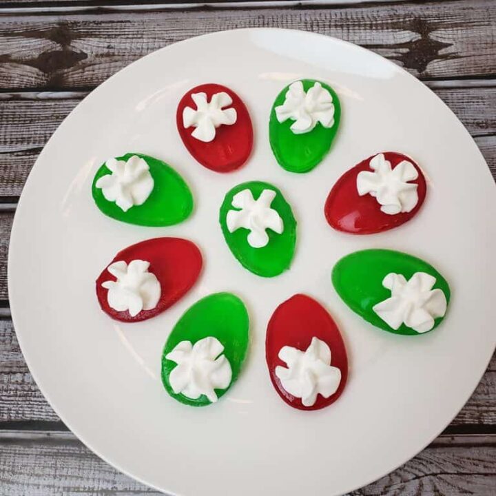 Christmas Sugar Free Deviled Jell-O Eggs on white plate