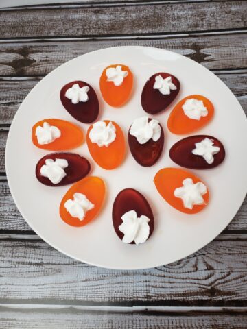 Halloween Sugar Free Deviled Jell-O Eggs on white plate