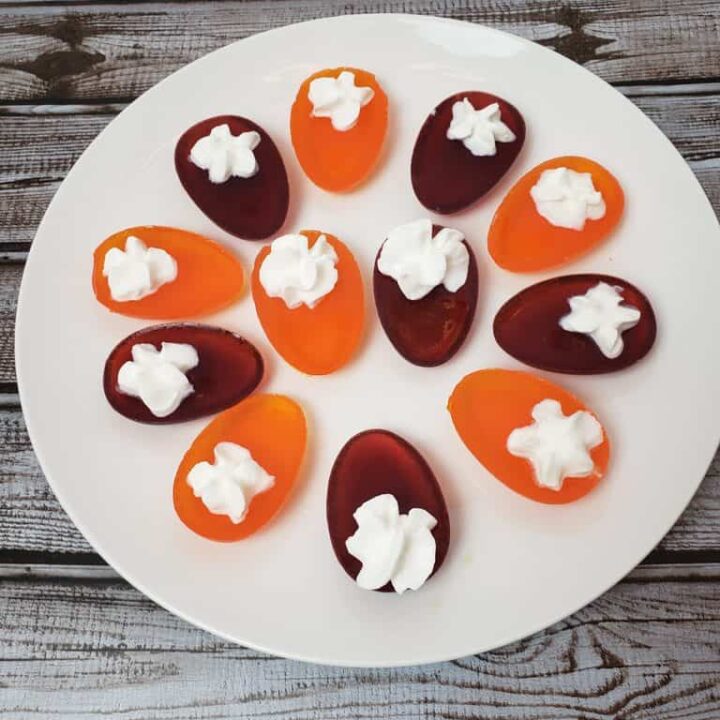 Halloween Sugar Free Deviled Jell-O Eggs on white plate
