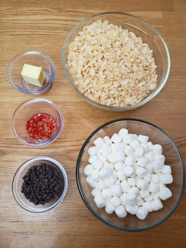 ingredients for Chocolate Cayenne Rice Krispy Treats