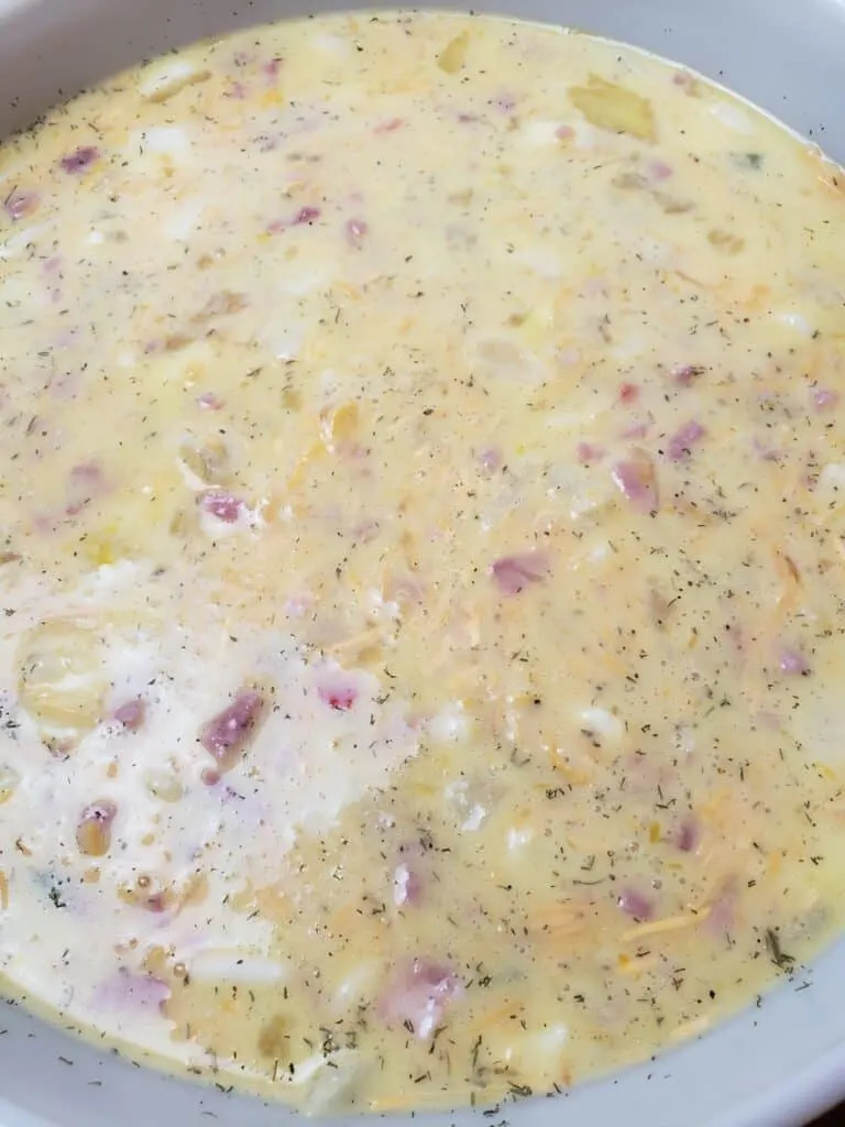 ingredients for Egg Ham Potato Muffins mixed together