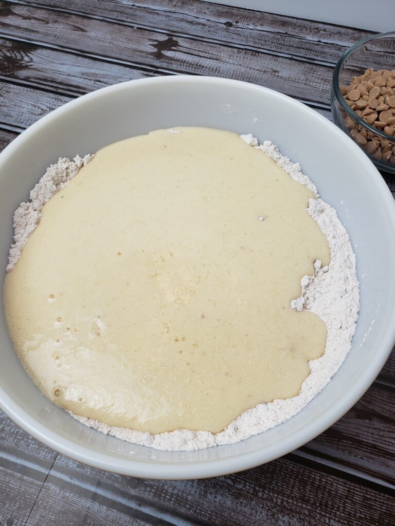 wet and dry ingredients added together in bowl.