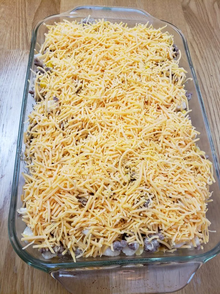 Easy Potato Beef and Corn Casserole ready for the oven