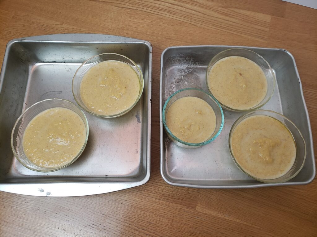 custard in 5 cups in 2 different baking pans