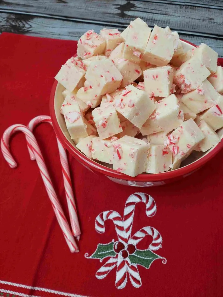 peppermint candy cane fudge on red cloth in pretty bowl
