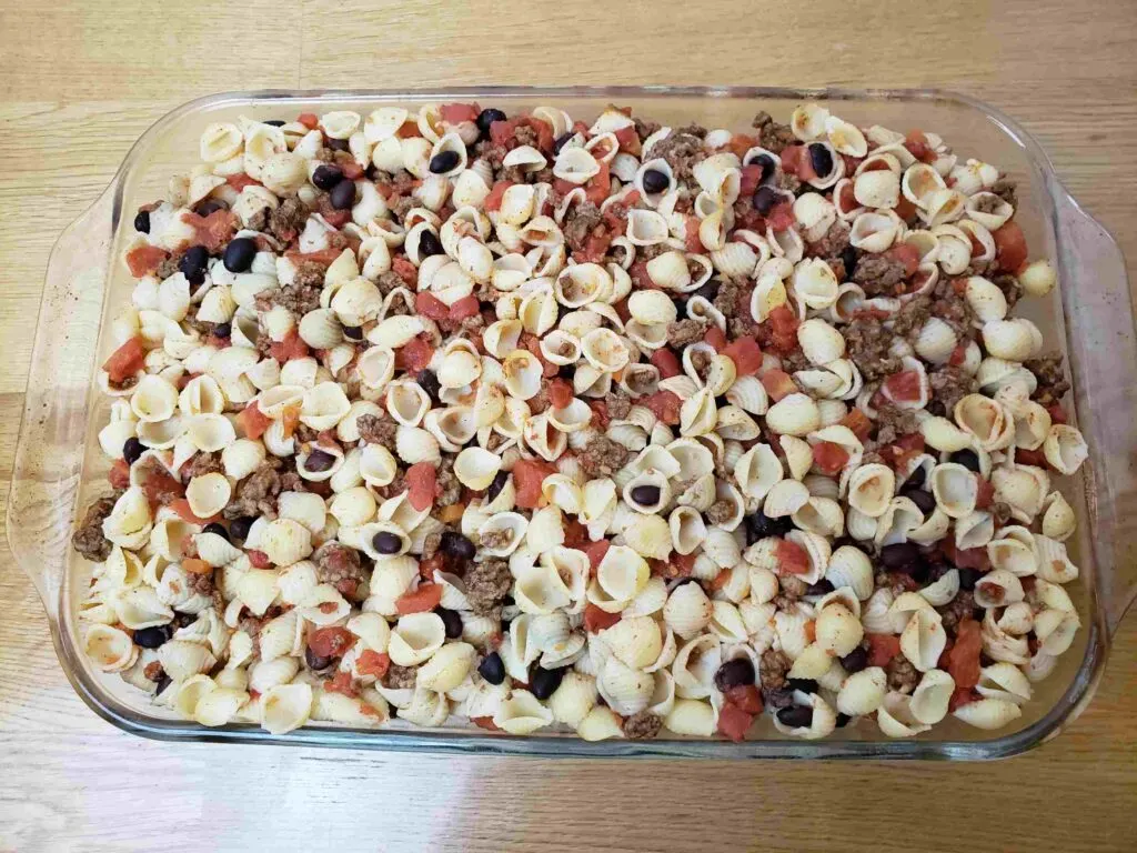 taco macaroni casserole in casserole pan