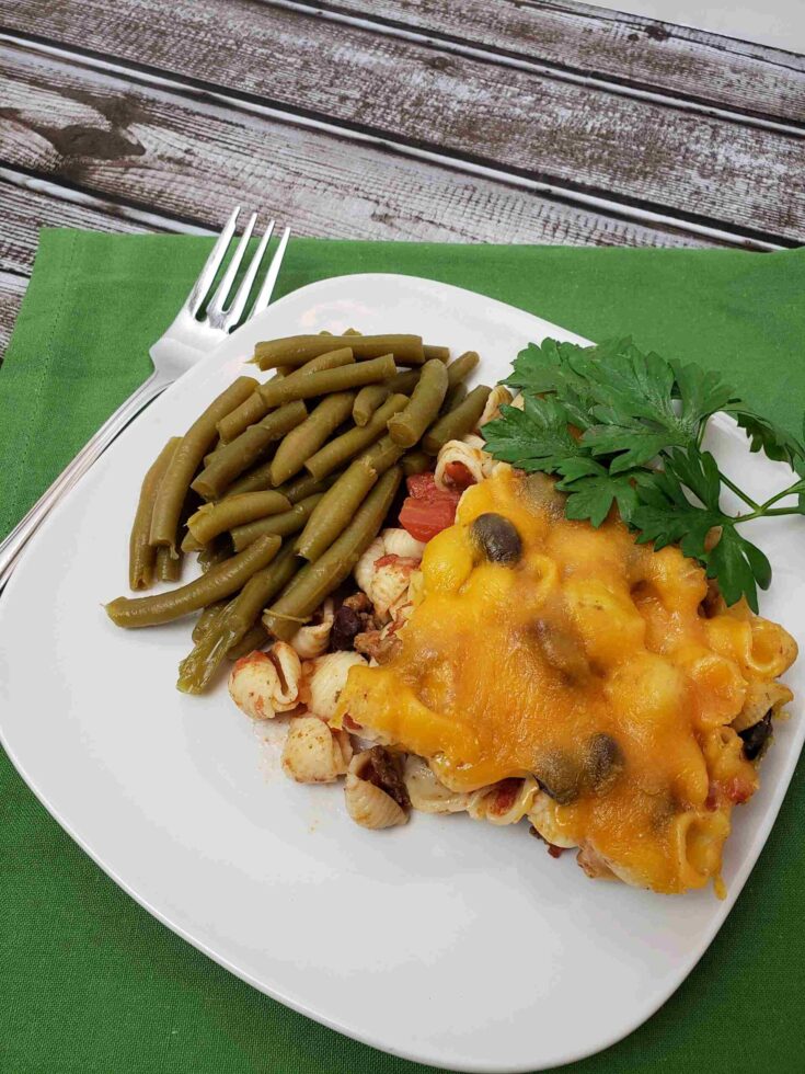 taco macaroni casserole served with green beans