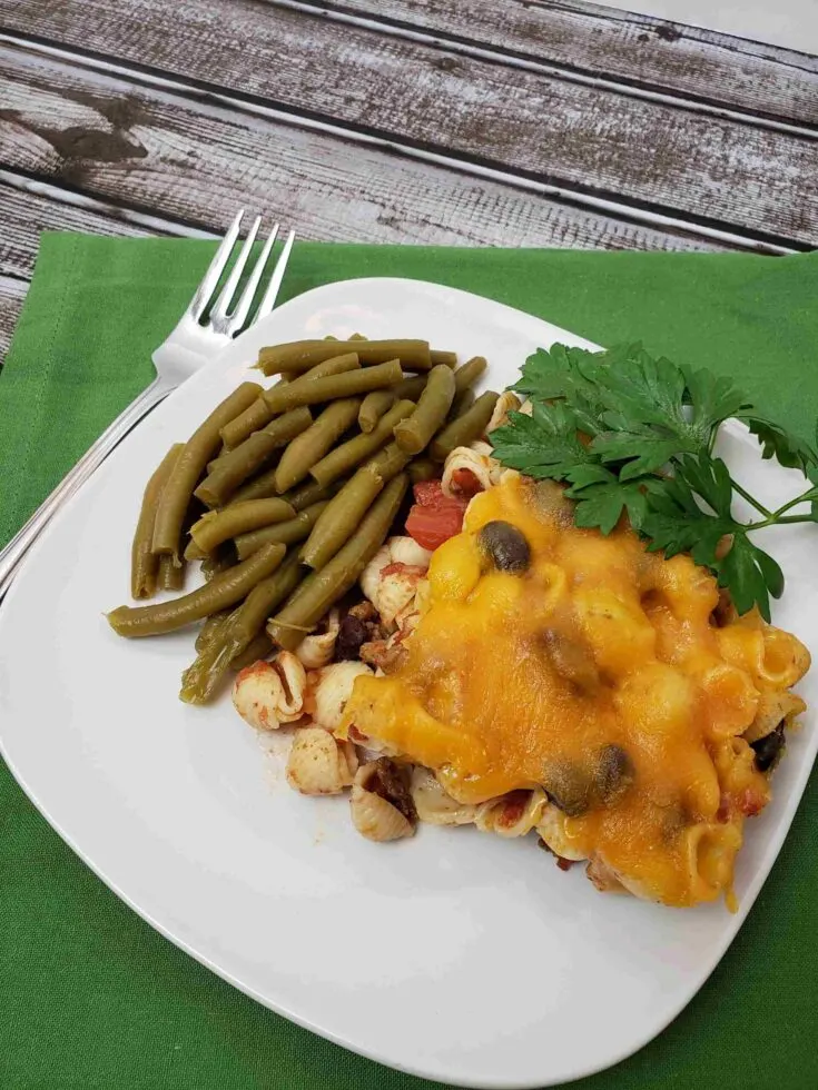 taco macaroni casserole served with green beans