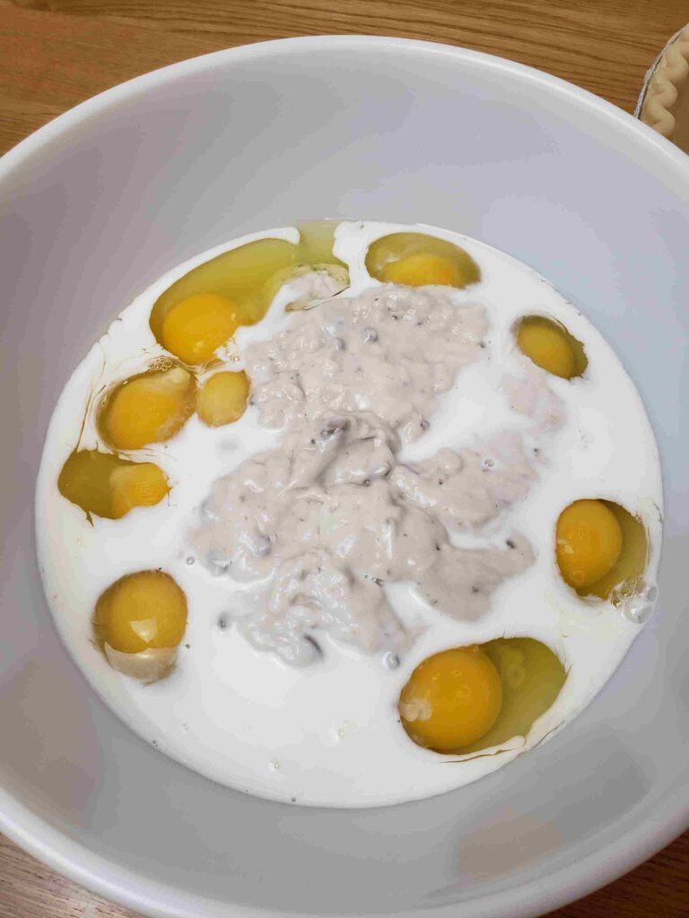 eggs, milk and soup in mixing bowl