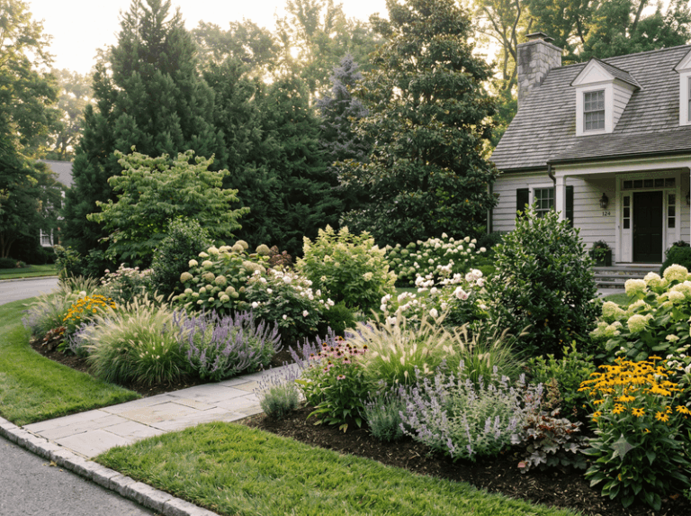 How Layered Foundation Planting May Help A Tall, Steep-Roofed House Feel Cozier From The Street